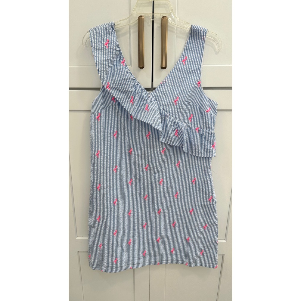 Crown & Ivy Womens Blue White‎ Seersucker Flamingo Embroidered Ruffle Dress M